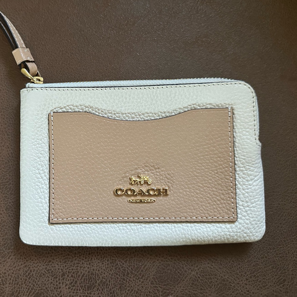 Coach Cream and Brown Wristlet with Gold Accents